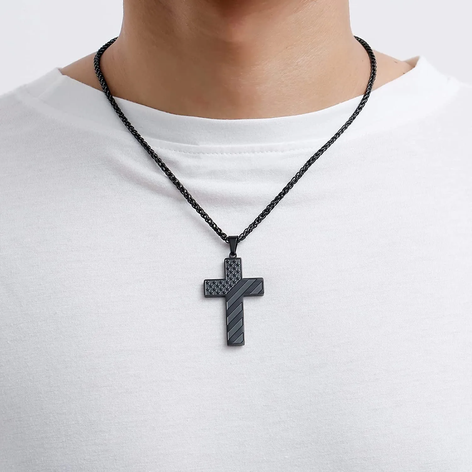 Silver Cross Necklace for Men Bible Verse Stainless Steel American Flag Pendant Chain for Men