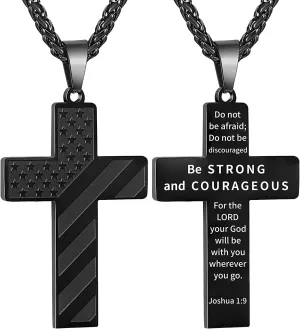 Silver Cross Necklace for Men Bible Verse Stainless Steel American Flag Pendant Chain for Men