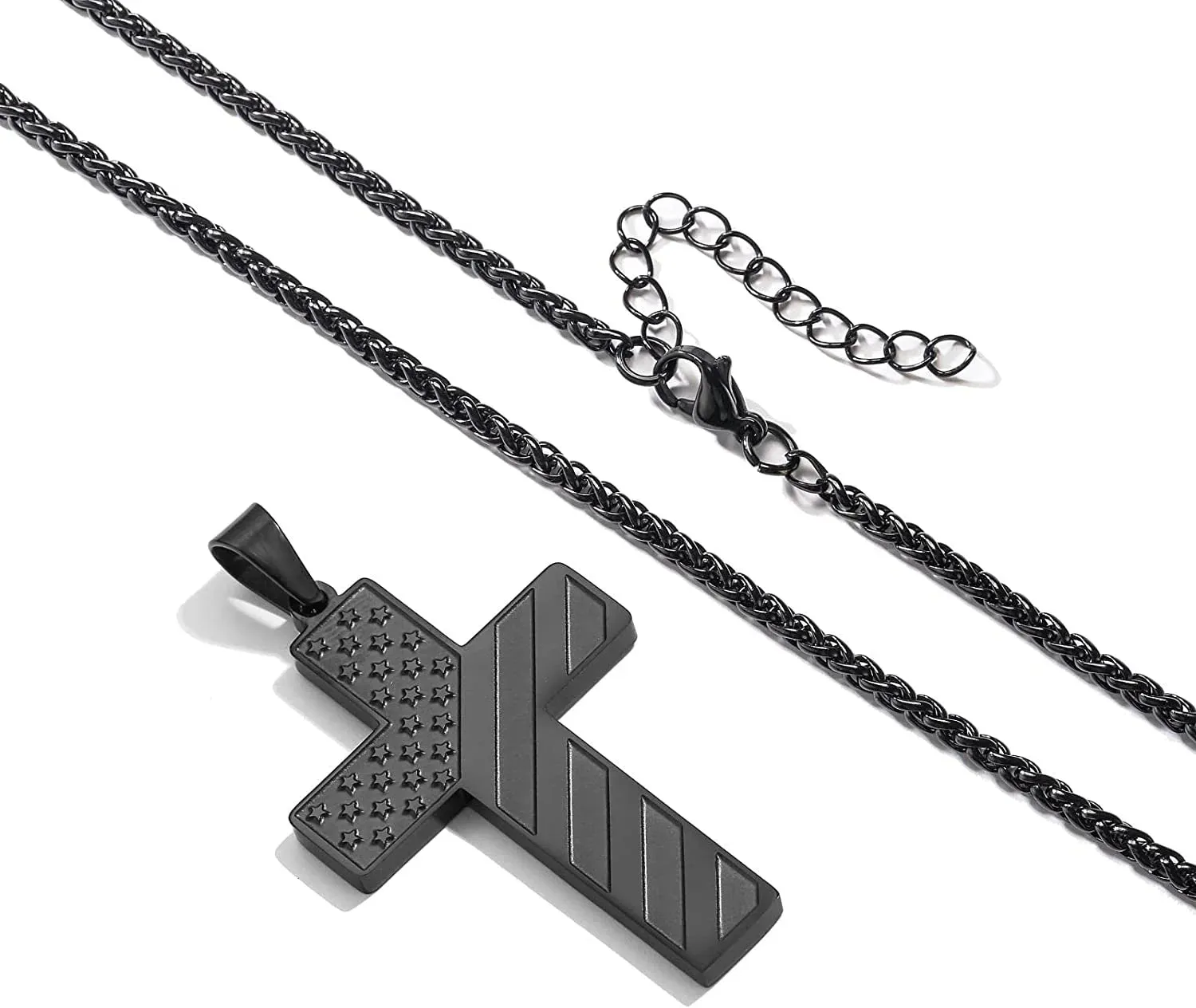 Silver Cross Necklace for Men Bible Verse Stainless Steel American Flag Pendant Chain for Men