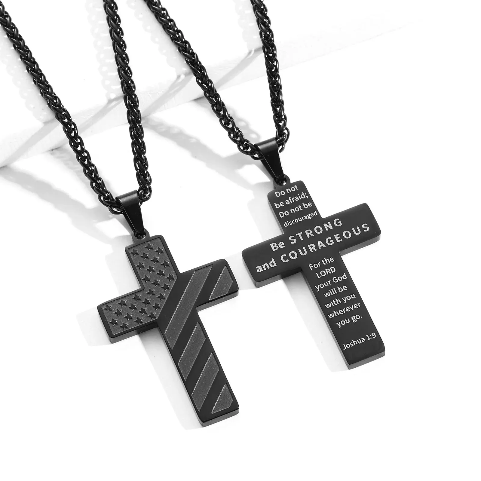 Silver Cross Necklace for Men Bible Verse Stainless Steel American Flag Pendant Chain for Men