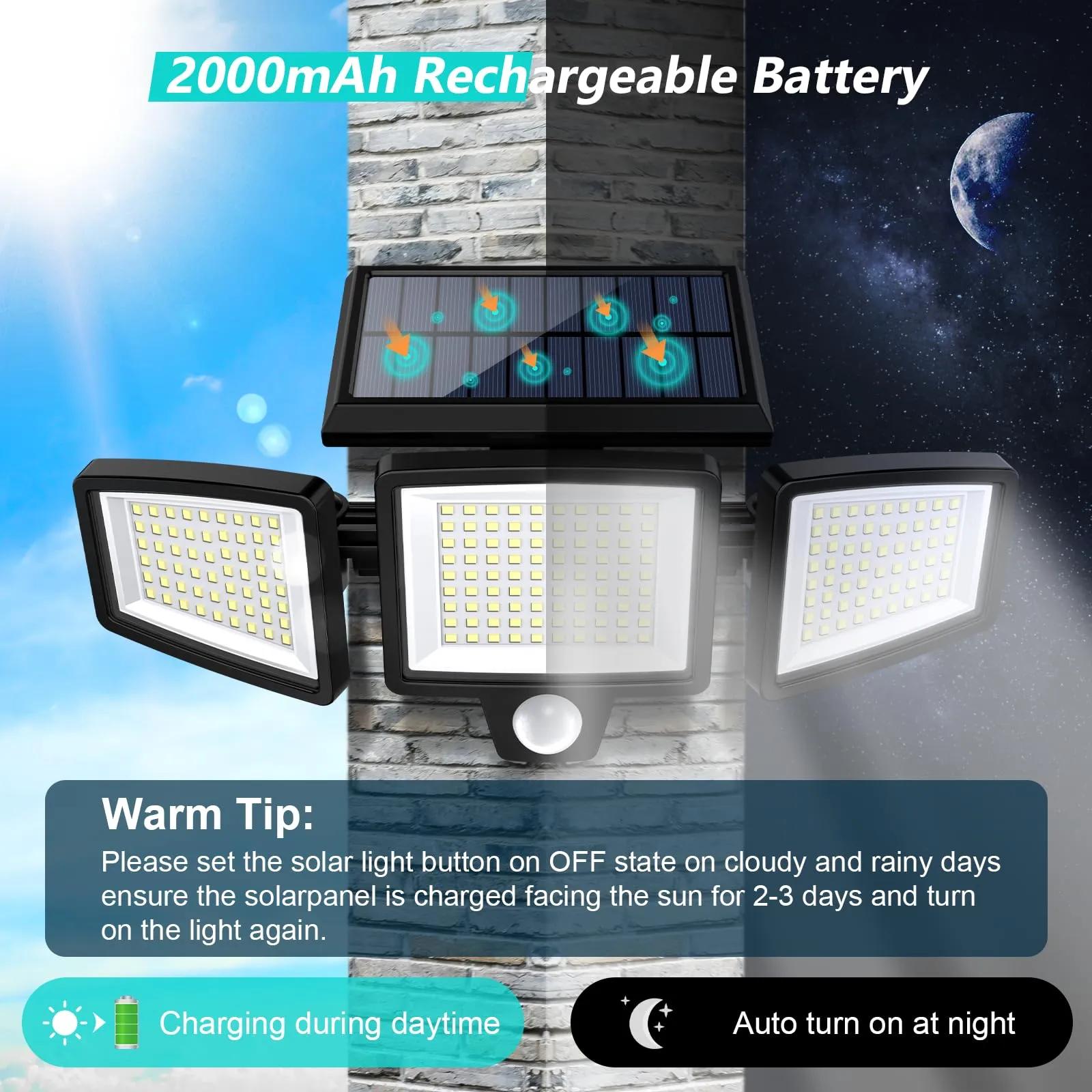 Tuffenough Solar Outdoor Lights 2500LM 210 LED Security Lights with Remote Control,3 Heads Motion Sensor Lights, IP65 Waterproof,270 Wide Angle Flood Wall Lights with 3 Modes(2 Packs)