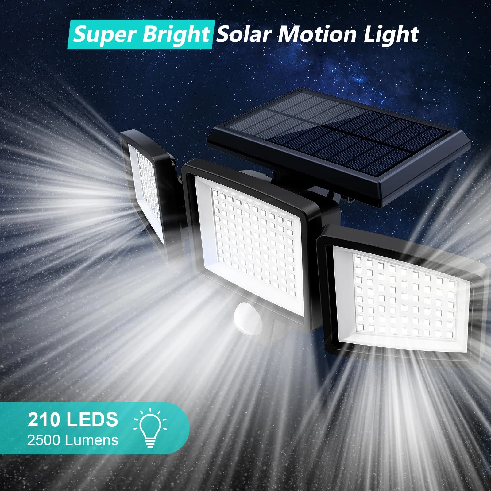 Tuffenough Solar Outdoor Lights 2500LM 210 LED Security Lights with Remote Control,3 Heads Motion Sensor Lights, IP65 Waterproof,270 Wide Angle Flood Wall Lights with 3 Modes(2 Packs)