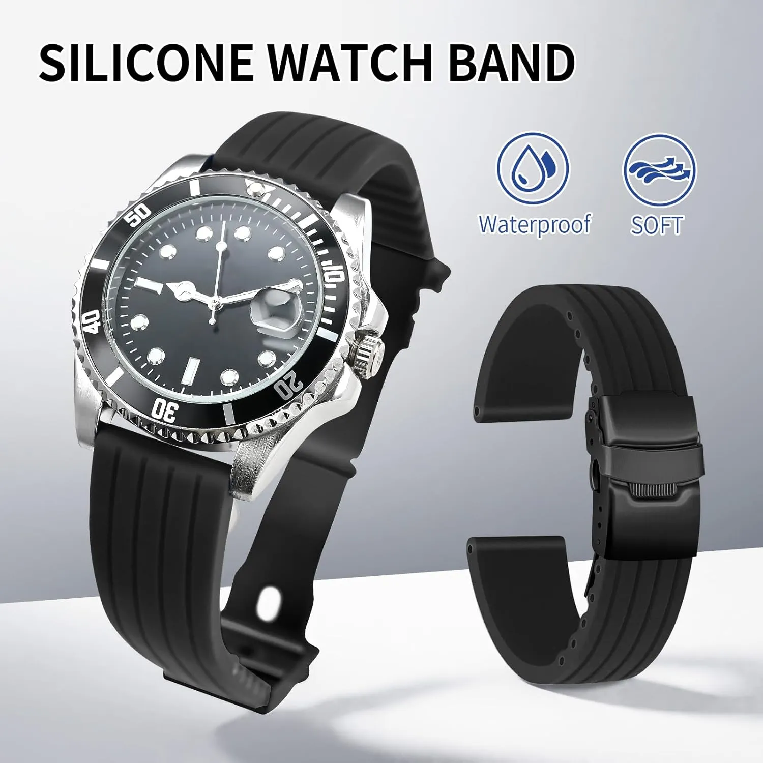 ULLCHRO Silicone Watch Strap Replacement Rubber Watch Band Waterproof Stripe Pattern - 14mm, 16mm, 18mm, 20mm, 22mm, 24mm Watch Bracelet with Stainless Steel Deployment Black Buckle