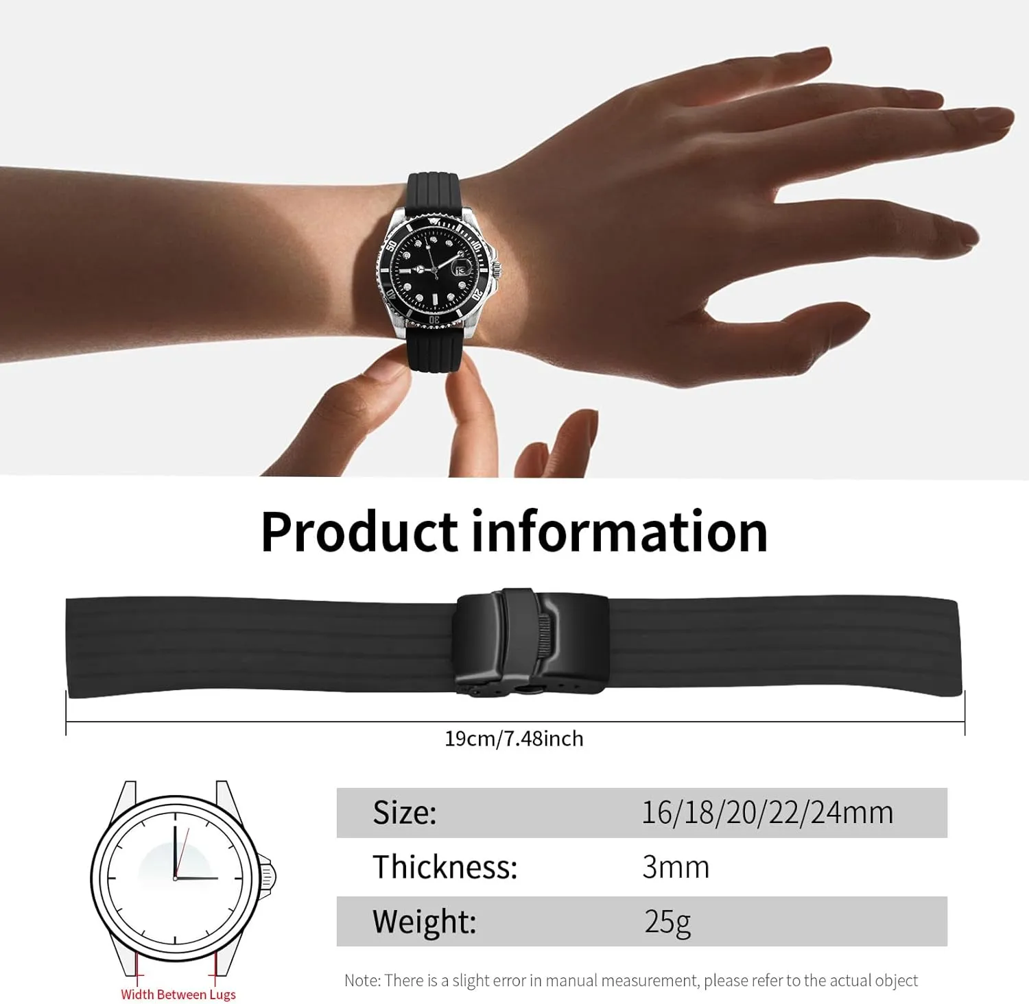 ULLCHRO Silicone Watch Strap Replacement Rubber Watch Band Waterproof Stripe Pattern - 14mm, 16mm, 18mm, 20mm, 22mm, 24mm Watch Bracelet with Stainless Steel Deployment Black Buckle