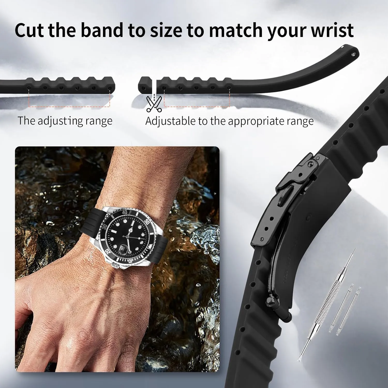 ULLCHRO Silicone Watch Strap Replacement Rubber Watch Band Waterproof Stripe Pattern - 14mm, 16mm, 18mm, 20mm, 22mm, 24mm Watch Bracelet with Stainless Steel Deployment Black Buckle