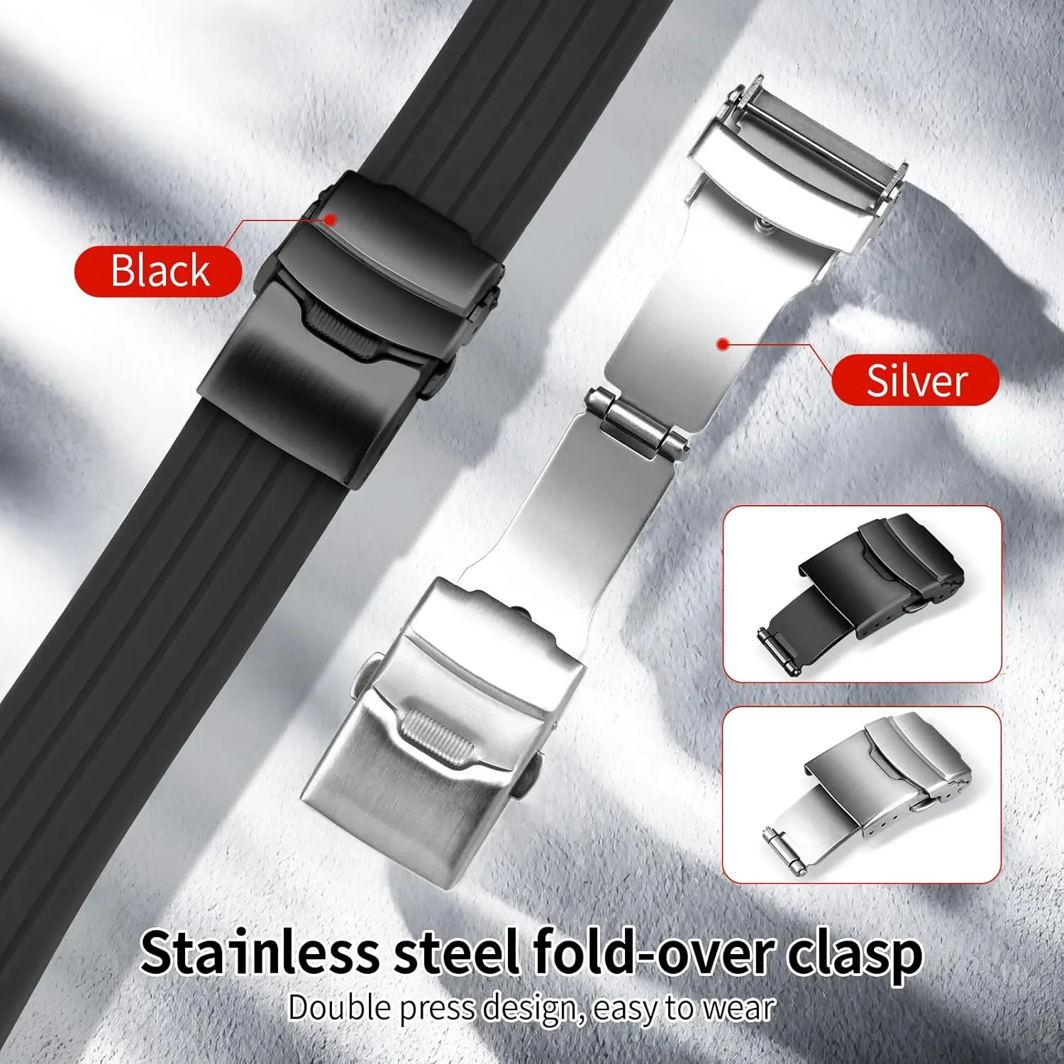 ULLCHRO Silicone Watch Strap Replacement Rubber Watch Band Waterproof Stripe Pattern - 14mm, 16mm, 18mm, 20mm, 22mm, 24mm Watch Bracelet with Stainless Steel Deployment Black Buckle