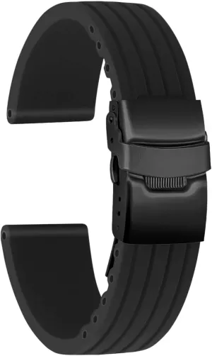 ULLCHRO Silicone Watch Strap Replacement Rubber Watch Band Waterproof Stripe Pattern - 14mm, 16mm, 18mm, 20mm, 22mm, 24mm Watch Bracelet with Stainless Steel Deployment Black Buckle