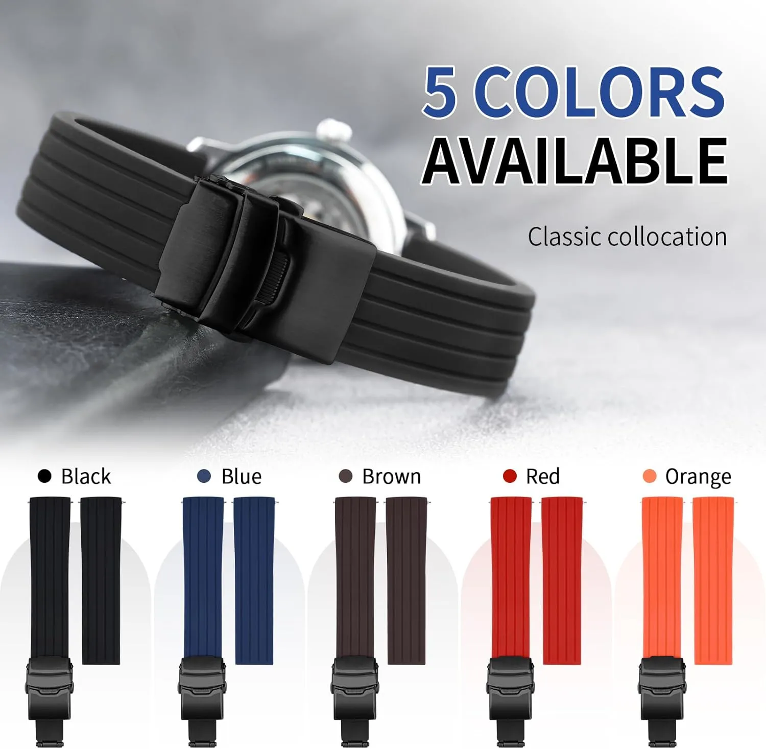ULLCHRO Silicone Watch Strap Replacement Rubber Watch Band Waterproof Stripe Pattern - 14mm, 16mm, 18mm, 20mm, 22mm, 24mm Watch Bracelet with Stainless Steel Deployment Black Buckle