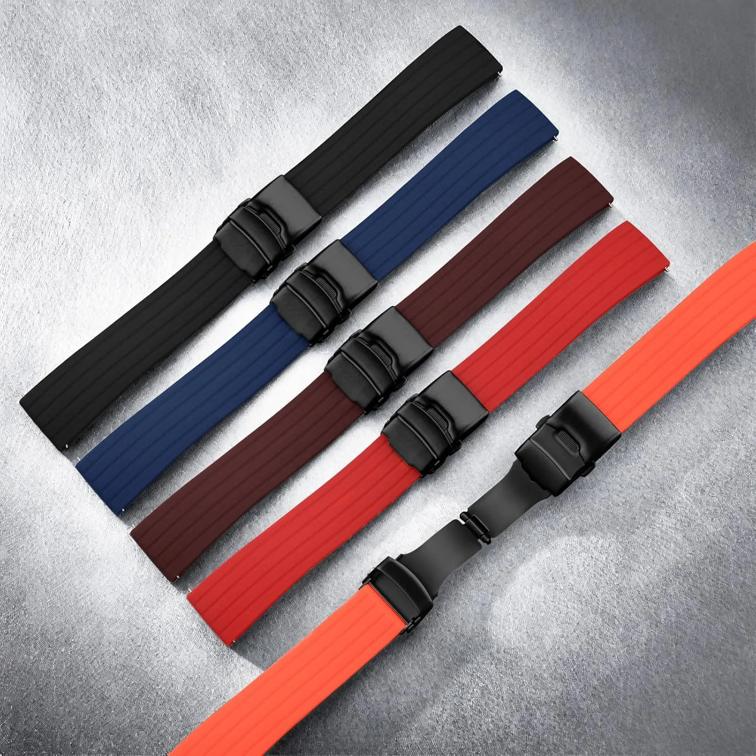 ULLCHRO Silicone Watch Strap Replacement Rubber Watch Band Waterproof Stripe Pattern - 14mm, 16mm, 18mm, 20mm, 22mm, 24mm Watch Bracelet with Stainless Steel Deployment Black Buckle