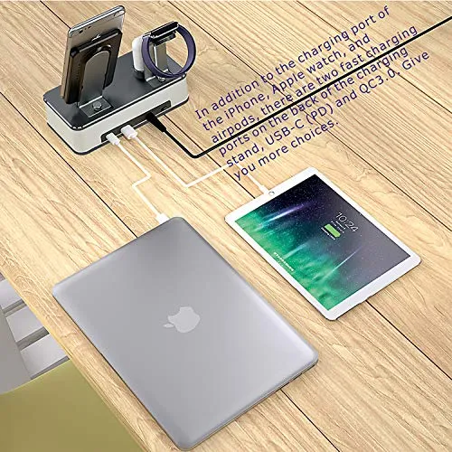 VMEI Wireless Charging Stand,7 in 1 Aluminum Wireless Phone Charging Stations for iPhone/iWatch/Airpods Charging Cradle/Integrated 45w PD Output/Nightlight(Gray)