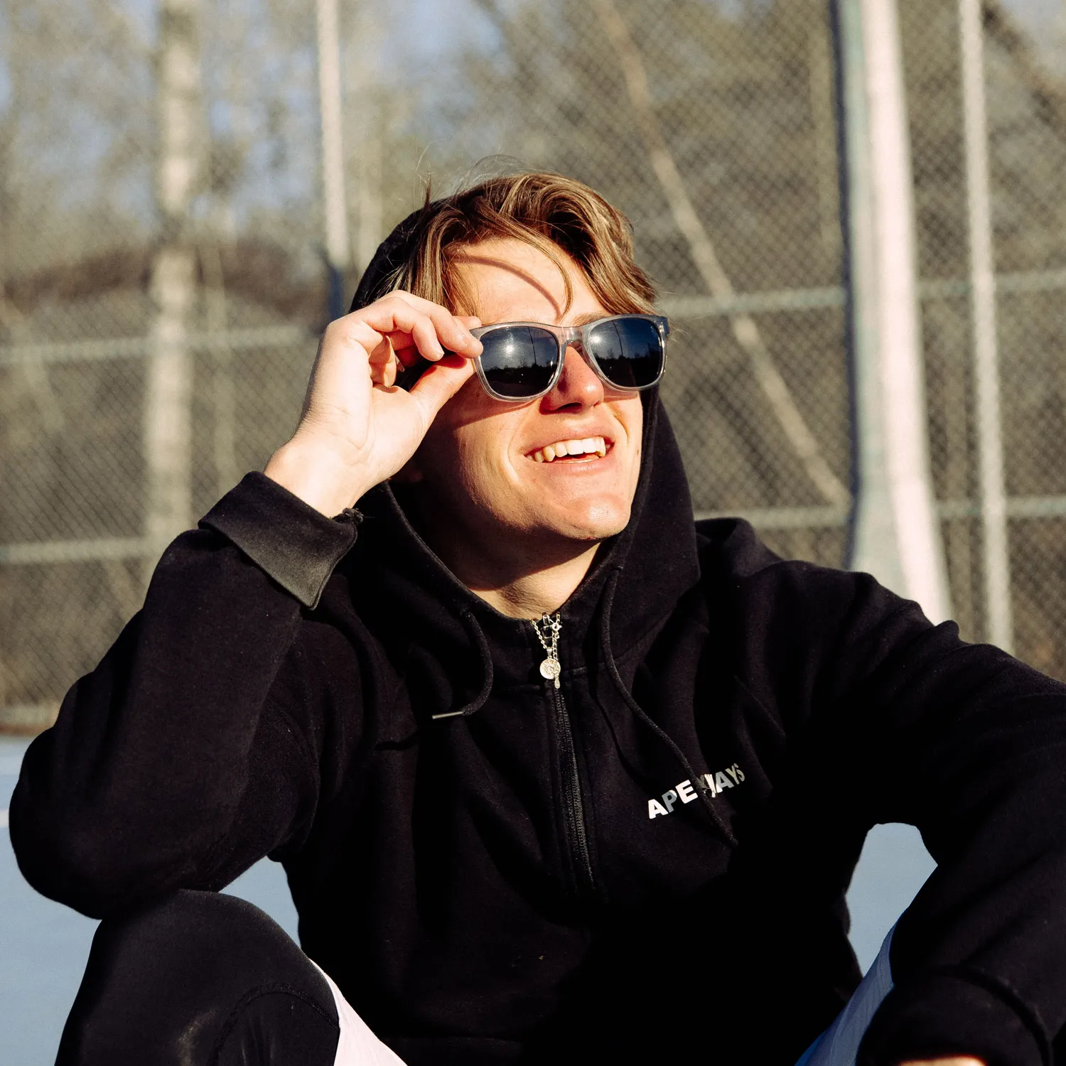 Walnut wood classic style sunglasses with semi-transparent grey frame and black polarized lenses