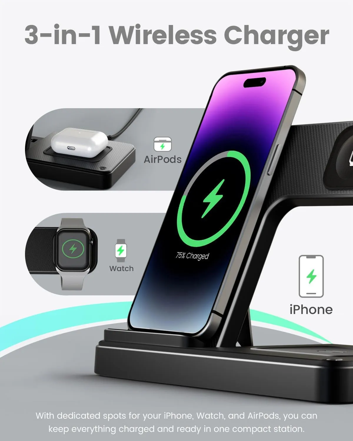 Wireless Charger Iphone Charging Station: 3 in 1 Charger Stand Multiple Devices for Apple - Iphone 16 15 14 Pro Max 13 12 11 - Watch 10 9 8 7 6 5 4 3 2 SE and Ultra Series - Airpods 4 3 2 Pro