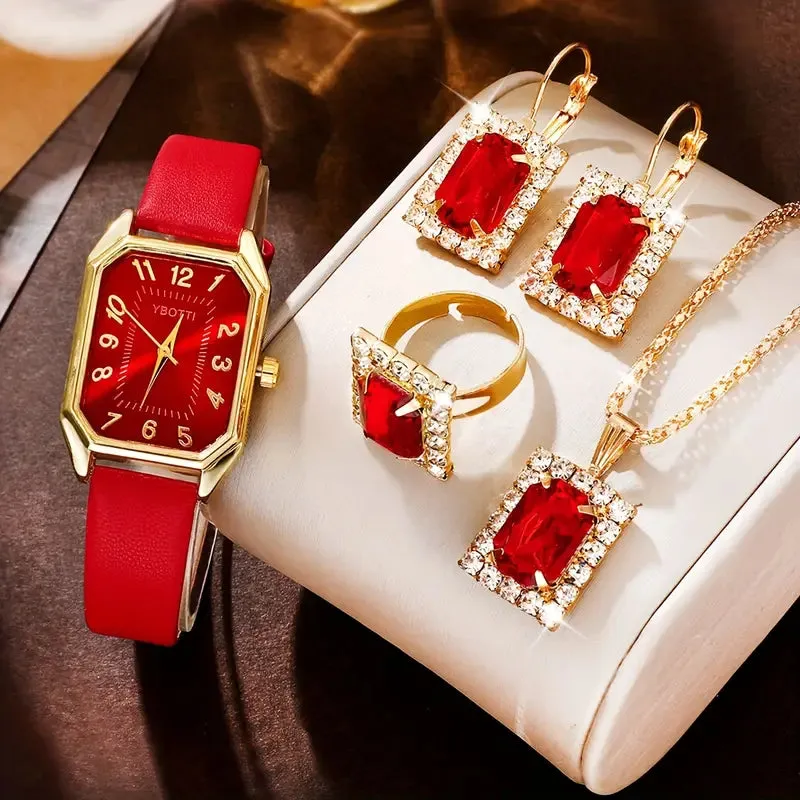 Women Fashion Retro PU Leather Band Quartz Watches Crystal Jewelry Set