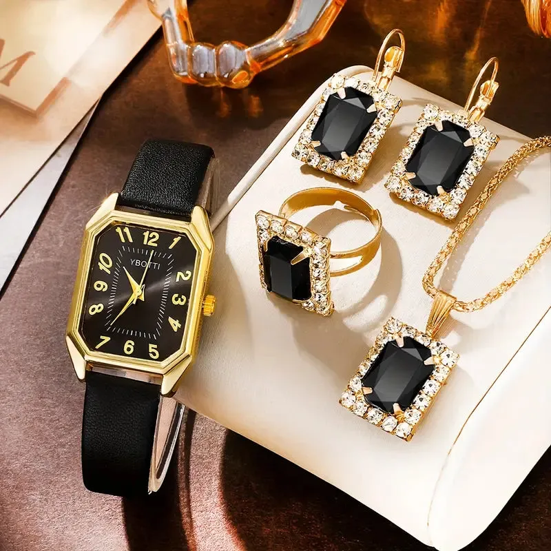 Women Fashion Retro PU Leather Band Quartz Watches Crystal Jewelry Set