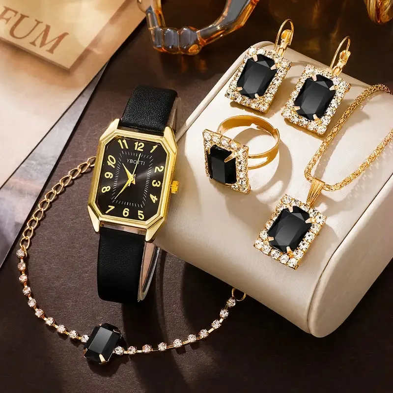 Women Fashion Retro PU Leather Band Quartz Watches Crystal Jewelry Set