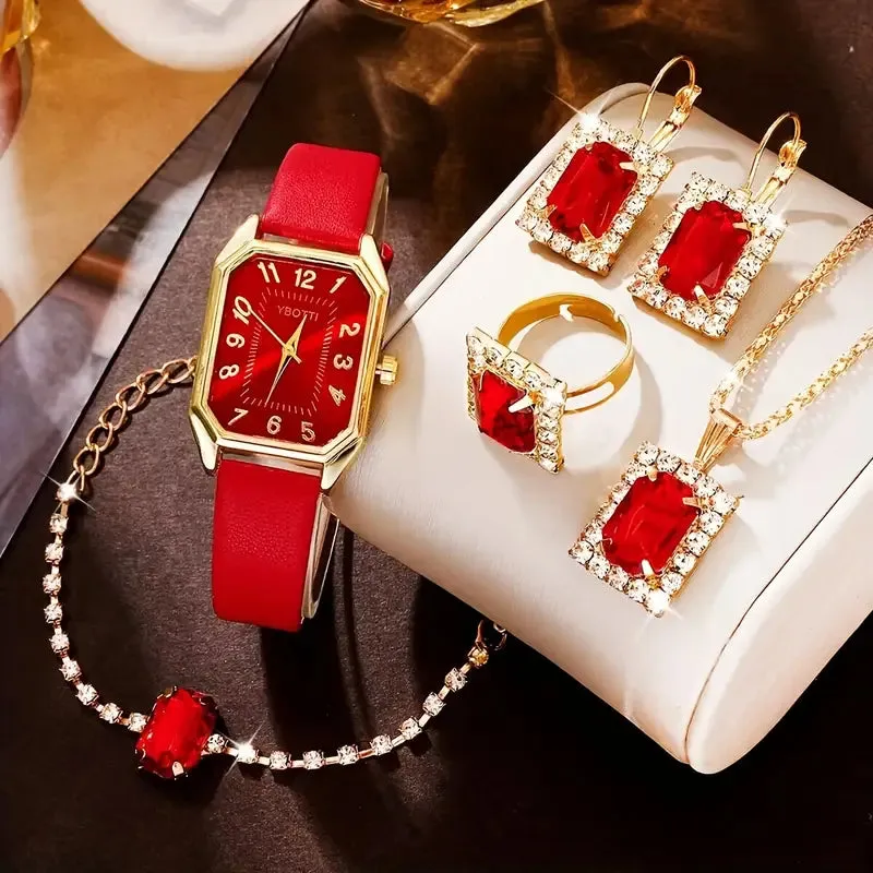 Women Fashion Retro PU Leather Band Quartz Watches Crystal Jewelry Set