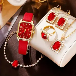 Women Fashion Retro PU Leather Band Quartz Watches Crystal Jewelry Set