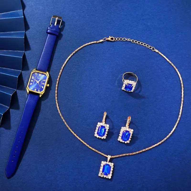 Women Fashion Retro PU Leather Band Quartz Watches Crystal Jewelry Set