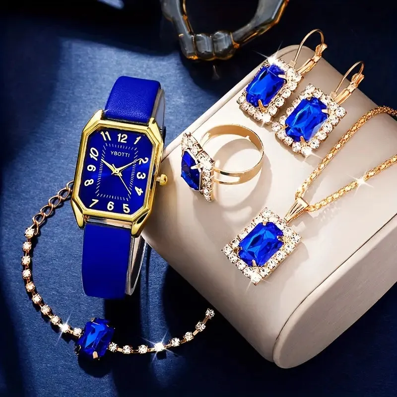 Women Fashion Retro PU Leather Band Quartz Watches Crystal Jewelry Set