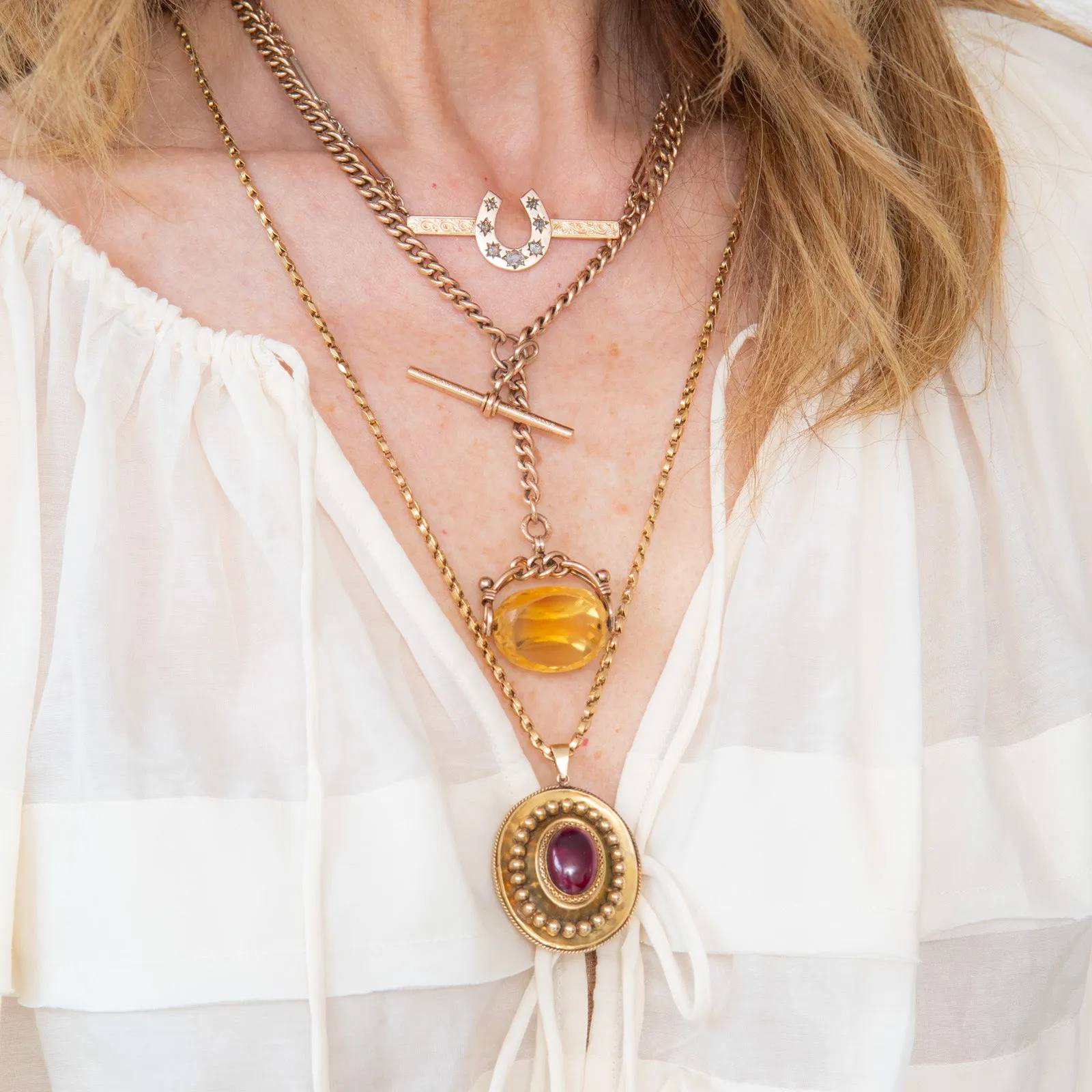 Yellow Gold Fancy Link Albert Chain Necklace with T Bar