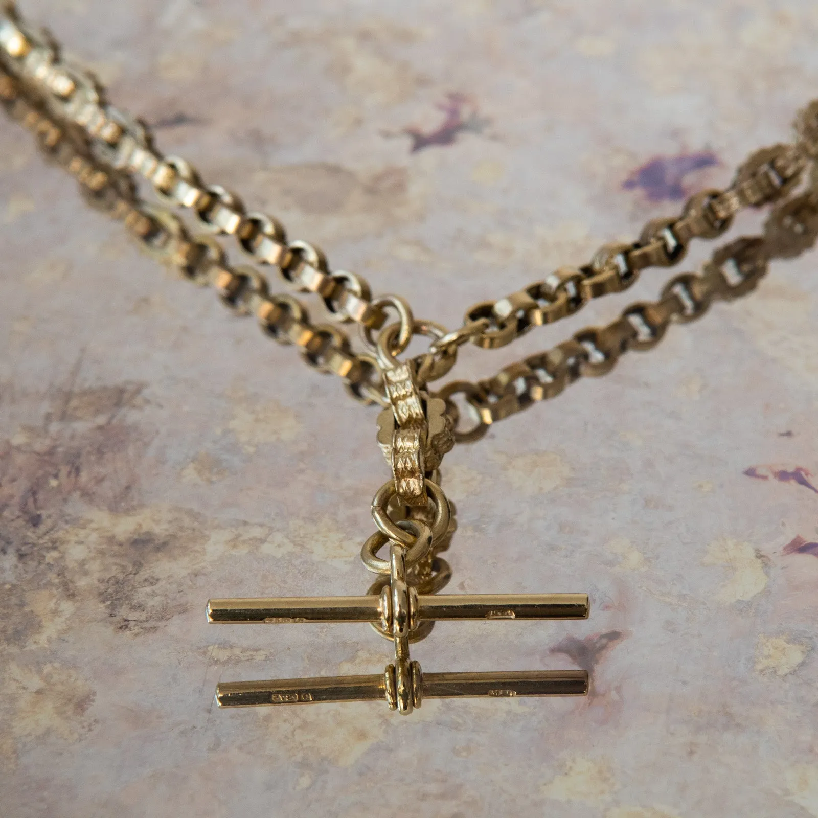 Yellow Gold Fancy Link Albert Chain Necklace with T Bar