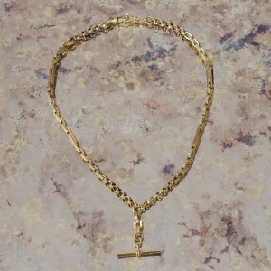 Yellow Gold Fancy Link Albert Chain Necklace with T Bar