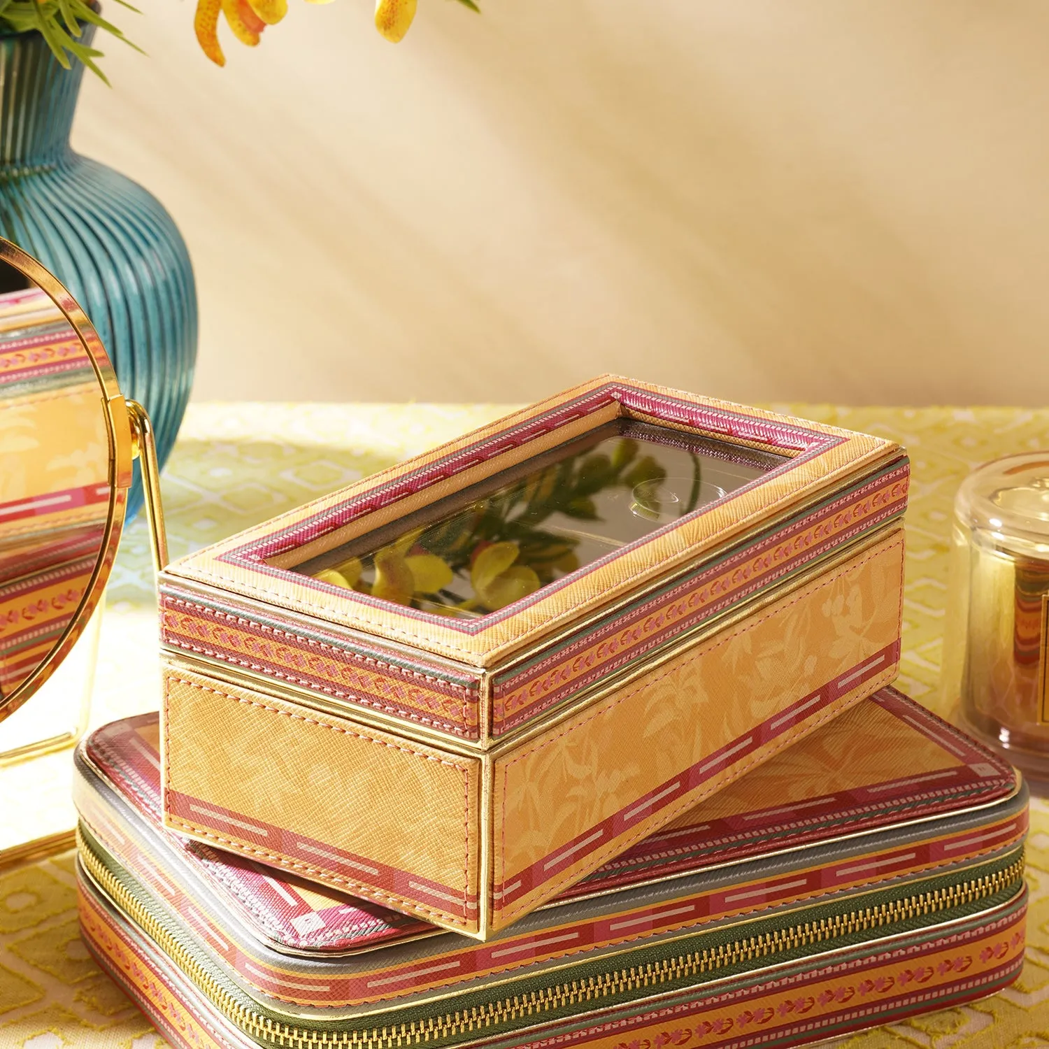 Yellow Printed Faux Leather Watch Box